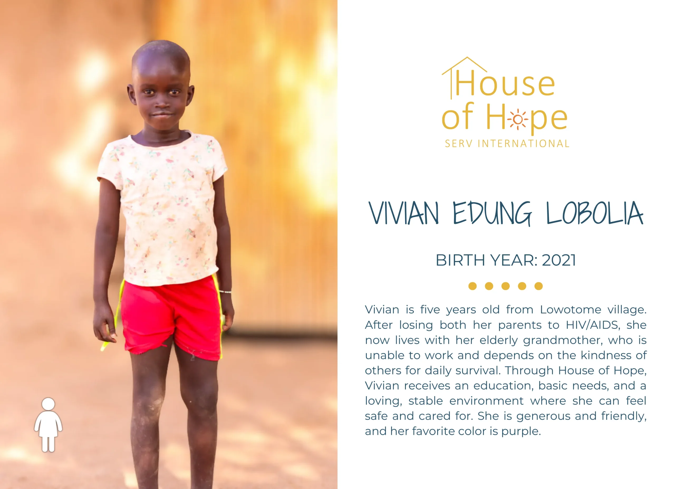 Vivian Edung Lobolia, seeking a sponsor at House of Hope